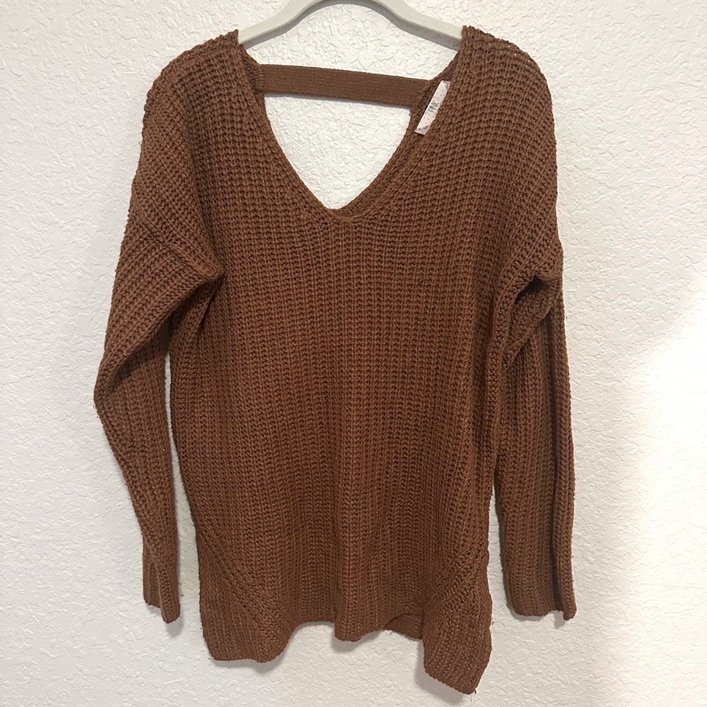 Pink Rose Rust Brown Waffle Knit V-Neck Sweater – Size L